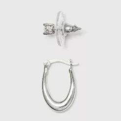 Sterling Silver Cubic Zirconia Oval Tapered Hoop Earring Set 2pc - A New Day™ Silver