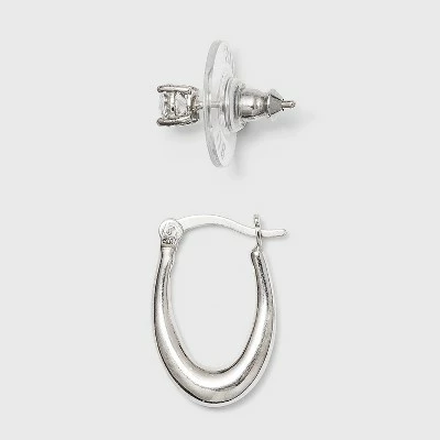 Sterling Silver Cubic Zirconia Oval Tapered Hoop Earring Set 2pc - A New Day™ Silver 3 Sterling Silver Cubic Zirconia Oval Tapered Hoop Earring Set 2pc - A New Day™ Silver