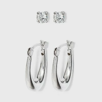 Sterling Silver Cubic Zirconia Oval Tapered Hoop Earring Set 2pc - A New Day™ Silver 4 Sterling Silver Cubic Zirconia Oval Tapered Hoop Earring Set 2pc - A New Day™ Silver - Image 2