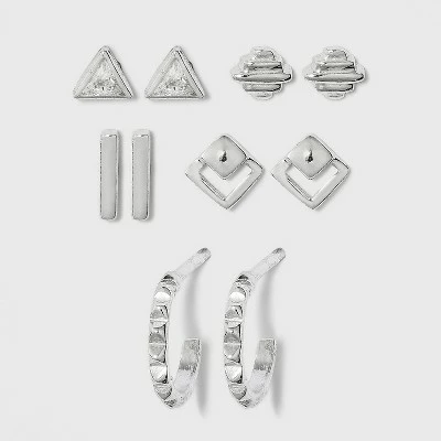 Sterling Silver with Cubic Zirconia Geometric Stud Earring Set 5pc - A New Day™ Silver 4 Sterling Silver with Cubic Zirconia Geometric Stud Earring Set 5pc - A New Day™ Silver - Image 2