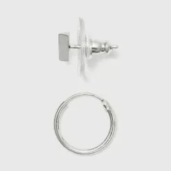 Sterling Silver Glass and Cubic Zirconia Bar Quint Stud Earring Set 5pc - A New Day™ Silver