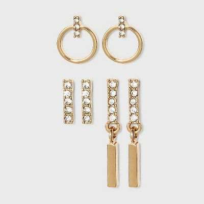 Small Hoop Linear Drop Bar Stud Earring Set 3pc - A New Day™ Gold 4 Small Hoop Linear Drop Bar Stud Earring Set 3pc - A New Day™ Gold - Image 2