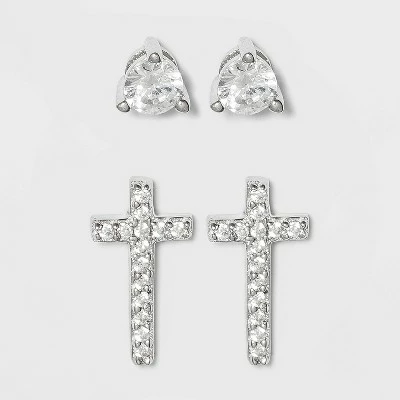 Sterling Silver Cubic Zirconia Round Stud and Cross Earring Set - A New Day™ Silver 4 Sterling Silver Cubic Zirconia Round Stud and Cross Earring Set - A New Day™ Silver - Image 2
