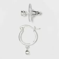 Sterling Silver Cubic Zirconia Hoop Stud Earring Set 2pc - A New Day™ Silver