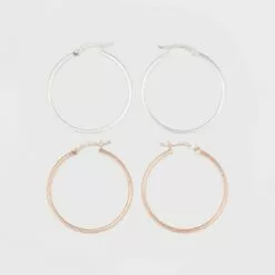 Two-Tone Sterling Silver Hoop Fine Jewelry Earring Set 2pc - A New Day™ Silver/Rose Gold -A New Day popular shop unnamed file 1201