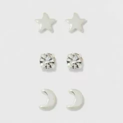 Pair of Star, Moon, and Cubic Zirconia Button Stud Earring Set 3pc - A New Day™ Silver -A New Day popular shop unnamed file 1246