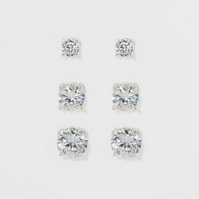 Women's Fashion Trio Crystal Round Stud Earring Set 3pc - A New Day™ Silver 4 Women's Fashion Trio Crystal Round Stud Earring Set 3pc - A New Day™ Silver - Image 2