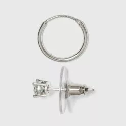 Women's Sterling Silver Crystal Fireball Stud Earrings and Endless Hoop Earring Set 3pc - A New Day™ Silver/Clear