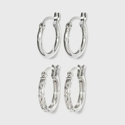Women's Sterling Silver Tube and Square Cut Hoop Earring Set 2pc - A New Day™ Silver 4 Women's Sterling Silver Tube and Square Cut Hoop Earring Set 2pc - A New Day™ Silver - Image 2