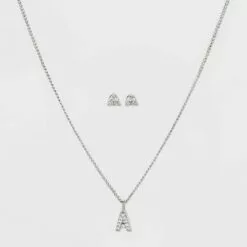 Silver Plated Cubic Zirconia Initial Chain Pendant Necklace and Earring Set - A New Dayâ„¢