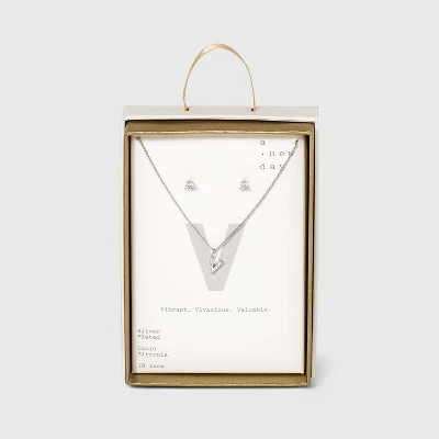 Silver Plated Cubic Zirconia Initial Chain Pendant Necklace and Earring Set - A New Day™ 28 Silver Plated Cubic Zirconia Initial Chain Pendant Necklace and Earring Set - A New Day™ - Image 26