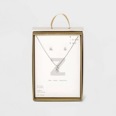 Silver Plated Cubic Zirconia Initial Chain Pendant Necklace and Earring Set - A New Day™ 32 Silver Plated Cubic Zirconia Initial Chain Pendant Necklace and Earring Set - A New Day™ - Image 30