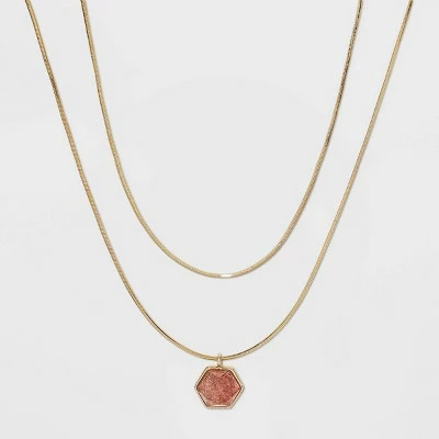 Silver Plated Layered Gold Necklace - A New Day™ Strawberry Quartz 3 Silver Plated Layered Gold Necklace - A New Day™ Strawberry Quartz