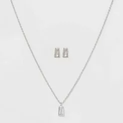 Sterling Silver Rectangle Cubic Zirconia Pendant Necklace Earring Set - A New Day™ Metallic Silver -A New Day popular shop unnamed file 3097