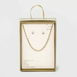 Silver Plated Gold Dipped Rhinestone Chain Necklace and Earring Set - A New Day™ Gold -A New Day popular shop unnamed file 3105
