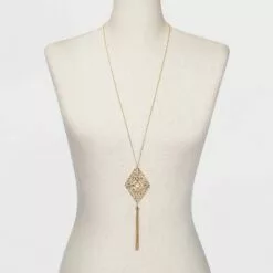Filigree and Tassel Long Statement Necklace - A New Day™ Gold