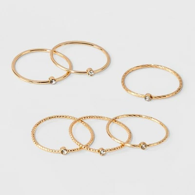 Clear Stone Set of Six Rings - A New Day™ Gold/Clear 3 Clear Stone Set of Six Rings - A New Day™ Gold/Clear