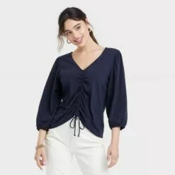 Women's Puff 3/4 Sleeve V-Neck Front Ruched Top - A New Day™ -A New Day popular shop unnamed file 3762