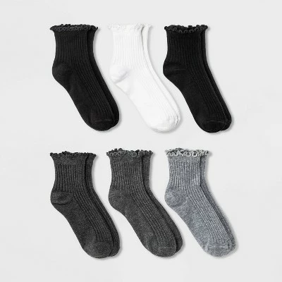 Women's 6pk Lettuce Edge Ankle Socks - A New Day™ 4-10 Black/white/gray 7 Women's 6pk Lettuce Edge Ankle Socks - A New Day™ 4-10 Black/white/gray - Image 5