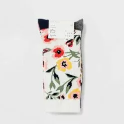 Women's Garden Floral 3pk Crew Socks - A New Day™ Ivory/Gray 4-10