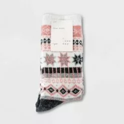 Women's Fair Isle Double Lined Cozy Crew Socks - A New Day™ Pink/Heather Gray 4-10