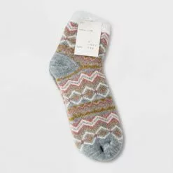 Women's Fair Isle Double Lined Cozy Ankle Socks - A New Day™ Heather Gray/Pink/Gold 4-10