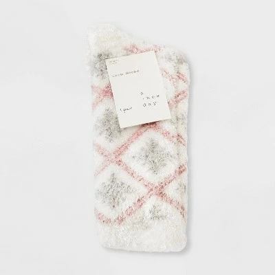 Women's Snowflake Cozy Crew Socks - A New Day™ 4-10 Ivory/pink 3 Women's Snowflake Cozy Crew Socks - A New Day™ 4-10 Ivory/pink