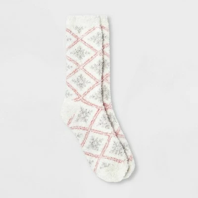 Women's Snowflake Cozy Crew Socks - A New Day™ 4-10 Ivory/pink 4 Women's Snowflake Cozy Crew Socks - A New Day™ 4-10 Ivory/pink - Image 2
