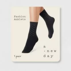 Women's Studded Anklet Socks - A New Day™ Black 4-10