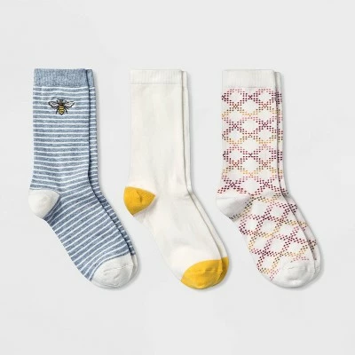 Women's Embroidered Bee 3pk Crew Socks - A New Day™ Heather Gray/Cream/Yellow 4-10 4 Women's Embroidered Bee 3pk Crew Socks - A New Day™ Heather Gray/Cream/Yellow 4-10 - Image 2