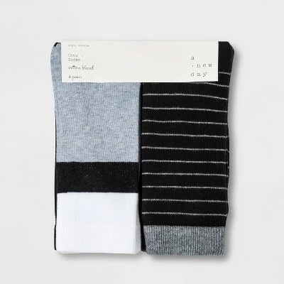 Women's Striped 6pk Crew Socks - A New Day™ Black/White/Gray 4-10 3 Women's Striped 6pk Crew Socks - A New Day™ Black/White/Gray 4-10