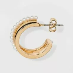 Faux Duo Enamel and Pearl Huggie Hoop Earrings - A New Dayâ„¢ White