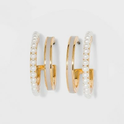 Faux Duo Enamel and Pearl Huggie Hoop Earrings - A New Day™ White 7 Faux Duo Enamel and Pearl Huggie Hoop Earrings - A New Day™ White - Image 5