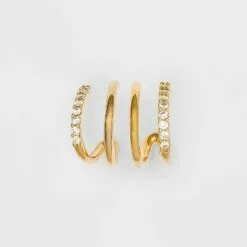 14K Gold Plated Cubic Zirconia Double Hoop Earrings - A New Day™