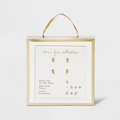 14K Gold Plated Cubic Zirconia Geometric Duo Stud Earrings - A New Day™ 4 14K Gold Plated Cubic Zirconia Geometric Duo Stud Earrings - A New Day™ - Image 2