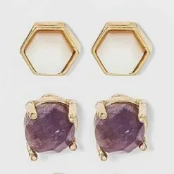 Silver Plated Semi-Precious Stud Earring Set 3pc - A New Day™ Strawberry And Rose Quartz -A New Day popular shop unnamed file 927