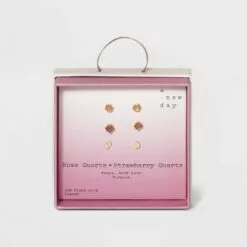 Silver Plated Semi-Precious Stud Earring Set 3pc - A New Day™ Strawberry And Rose Quartz -A New Day popular shop unnamed file 931