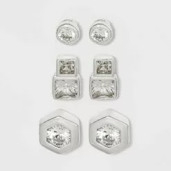 Sterling Silver Cubic Zirconia Multi Shape Stud Earring Set 3pc - A New Day™ Metallic Silver