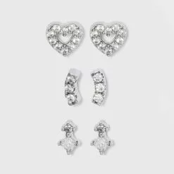 Sterling Silver Cubic Zirconia Heart and Stacked Stud Earring Set - A New Day™ Silver