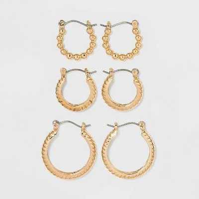 Multi Textured Hoop Trio Earrings - A New Day™ Gold 4 Multi Textured Hoop Trio Earrings - A New Day™ Gold - Image 2