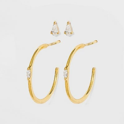 Sterling Silver Hoop and Cubic Zirconia Duo Stud Earring Set - A New Day™ Gold 4 Sterling Silver Hoop and Cubic Zirconia Duo Stud Earring Set - A New Day™ Gold - Image 2